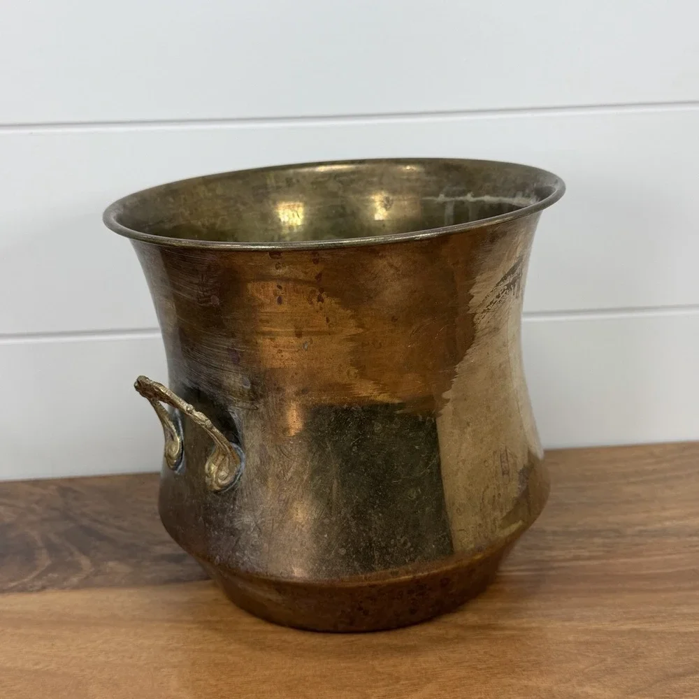 VTG Brass Planter Cachepot Pot With Handles Patina Cottagecore Boho Cauldron